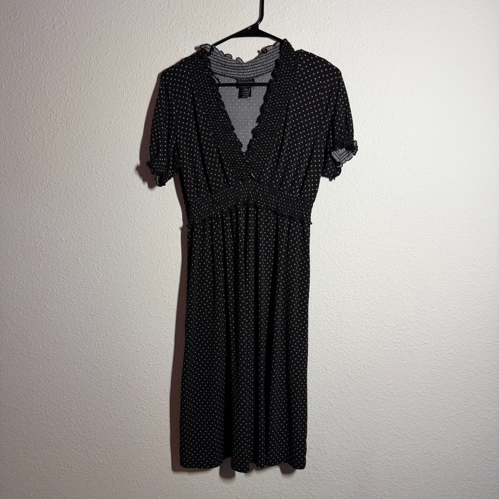 En Focus Dress Womens 12 Black Polka Dot V-Neck Smocked Short Sleeve Knee-Length